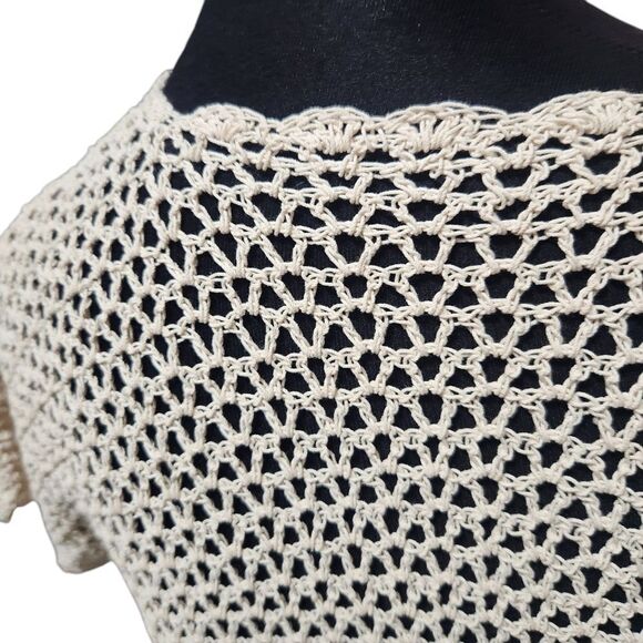 Vintage Crochet Shirt S M Cardigan Ecru V Neck Doily Scallop Loose Weave - Picture 8 of 9